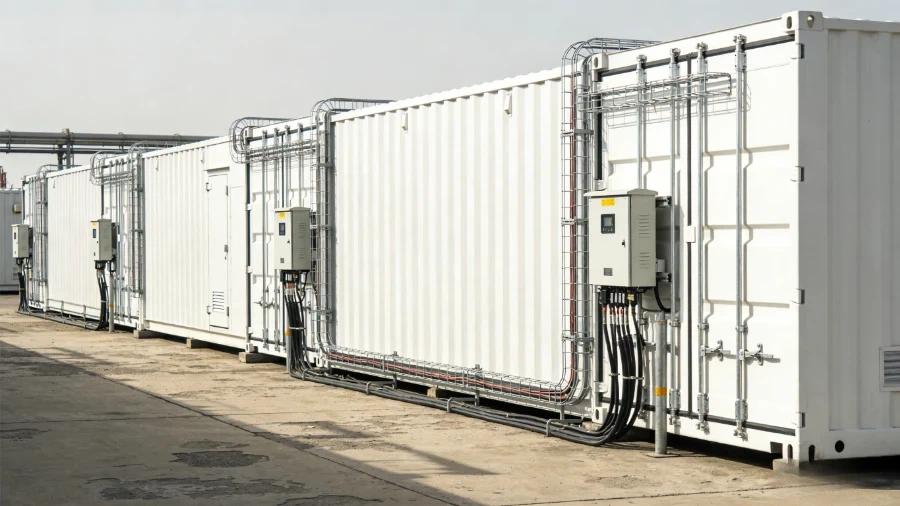 Row of containerized BESS units at a utility-scale solar-plus-storage installation site Row of containerized BESS units at a utility-scale solar-plus-storage installation site