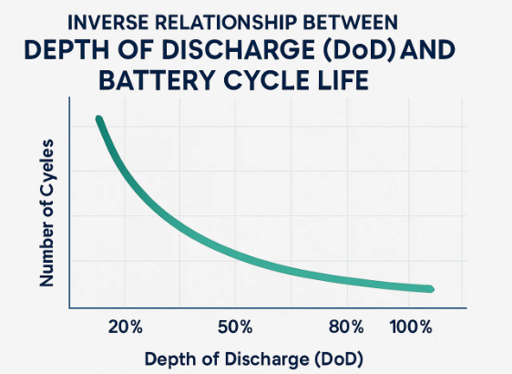 INVERSE RELATIONSHIP BETWEENDEPTH OF DISCHARGE (DOD)ANDBATTERY CYCLE LIFE INVERSE RELATIONSHIP BETWEENDEPTH OF DISCHARGE (DOD)ANDBATTERY CYCLE LIFE