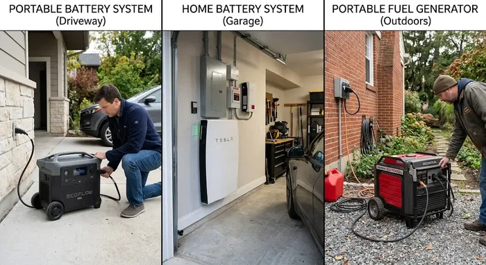 Portable battery system compared with home battery and generator Portable battery system compared with home battery and generator