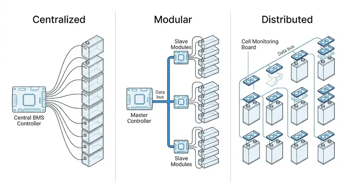 Comparison of centralized, modular, and distributed BMS architectures Comparison of centralized, modular, and distributed BMS architectures