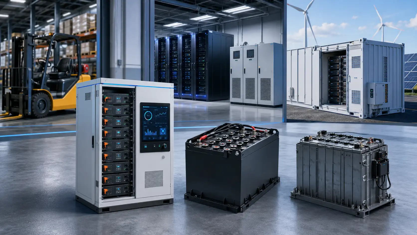 Industrial battery systems for forklifts, UPS, and energy storage